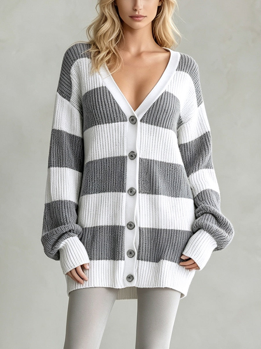 Cardigan-cappotto da donna a righe in maglia - Morbido e confortevole