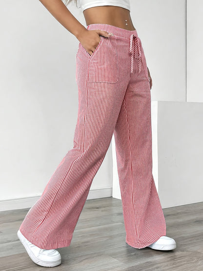 Pantalon Jambe Large à Poches Latérales, Imprimé Rayé Décontracté Taille Cordon, Printemps &amp; Été, Vêtements pour Femmes