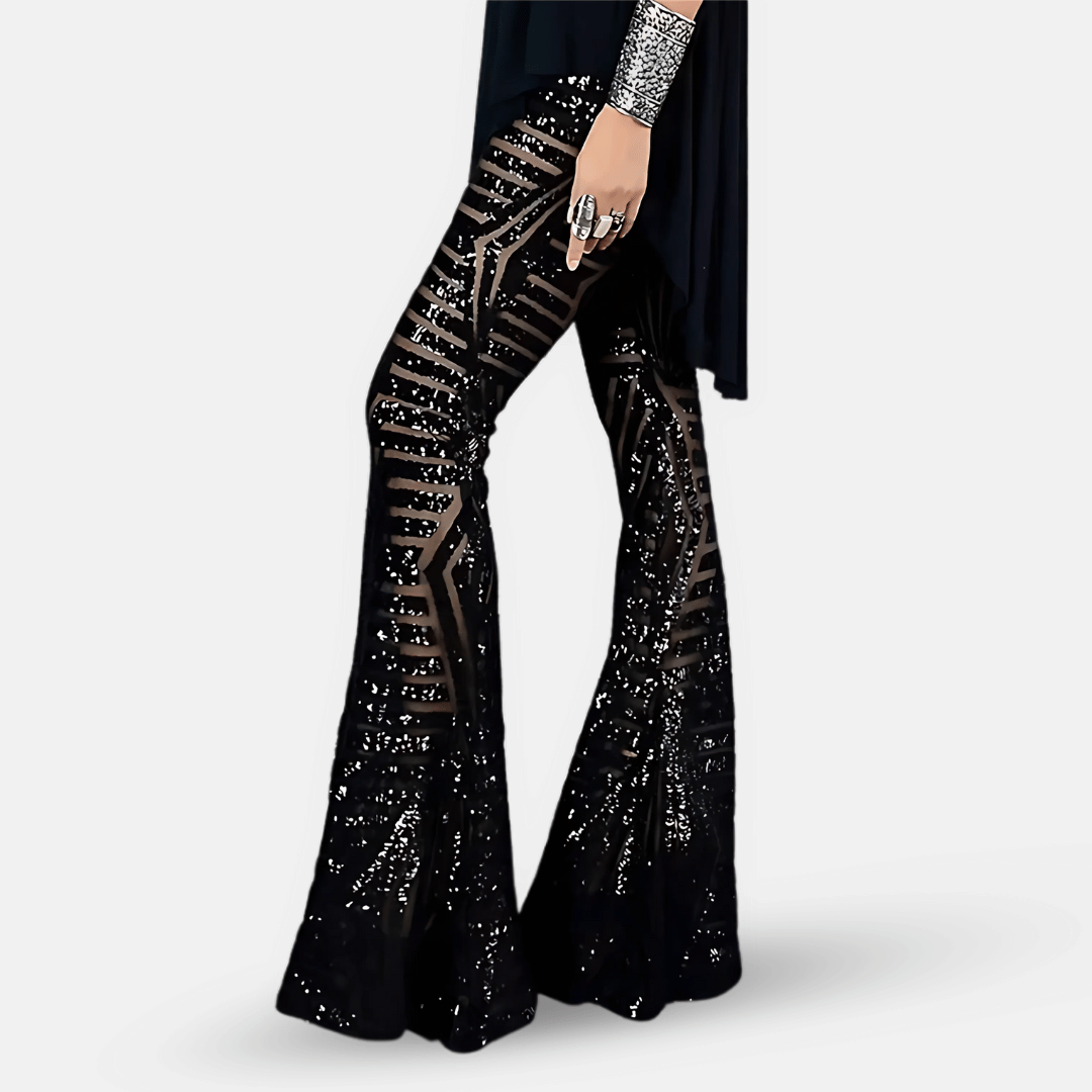 Pantalon évasé à sequins taille haute pour femme – Pantalon glamour et élégant