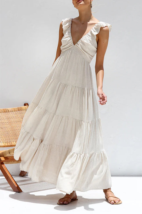 Robe Maxi en Lin Margovil – Col V avec Volants et Jupe à Niveaux Sans Manches
