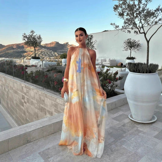 Robe maxi imprimée femme – Col halter et dos nu pour l’été