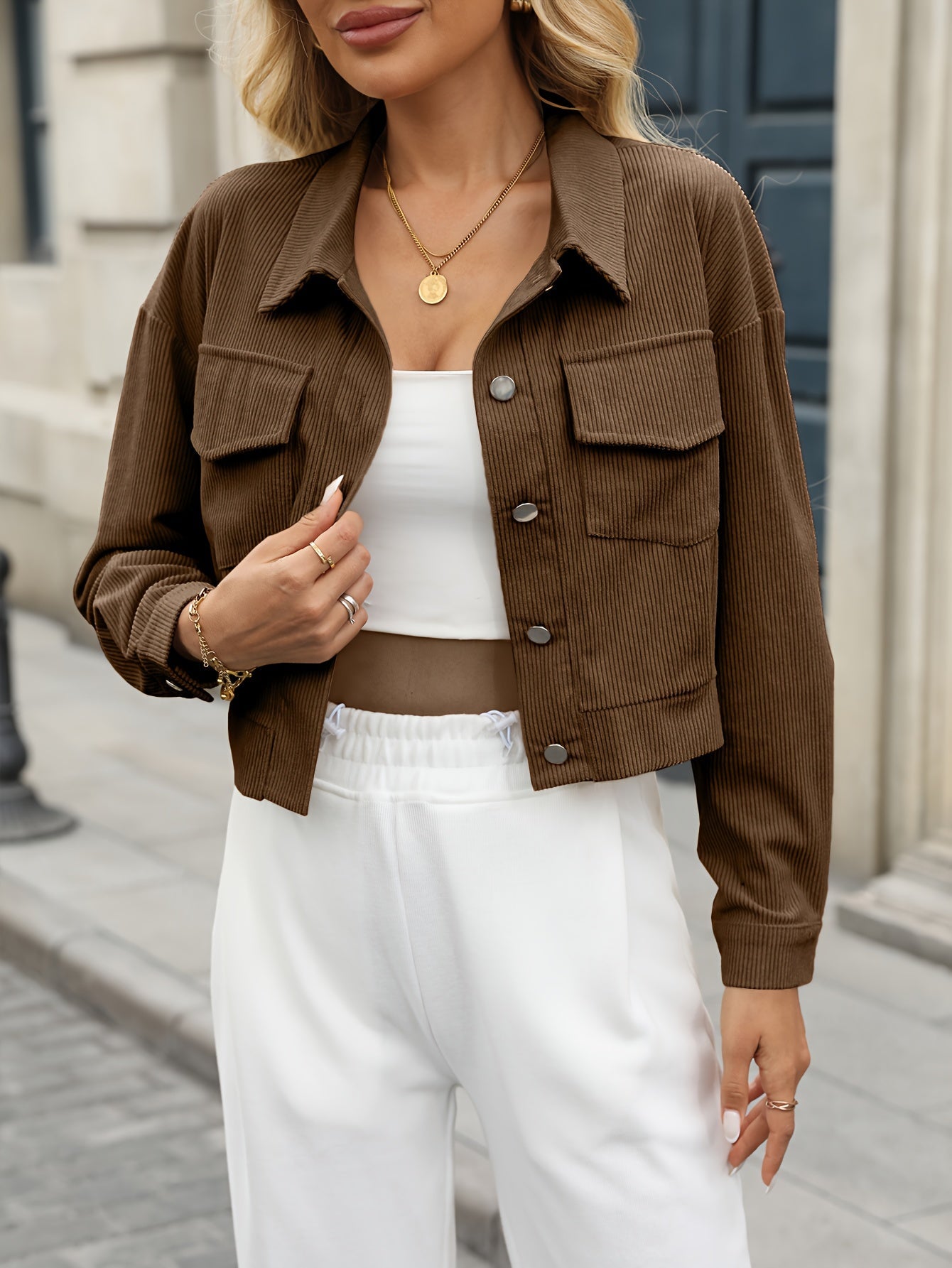 Veste Courte En Velours Côtelé Femme – Style Décontracté Automne Hiver