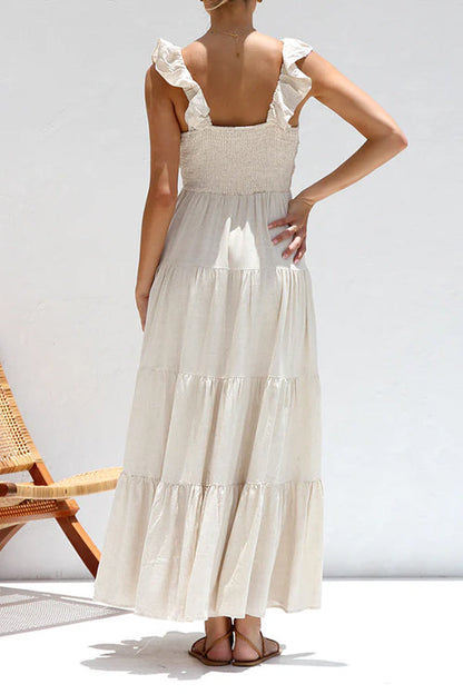 Robe Maxi en Lin Margovil – Col V avec Volants et Jupe à Niveaux Sans Manches