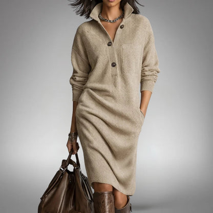 Robe Midi Tricotée Col Montant Détendue Femme – Robe Pull avec Poches
