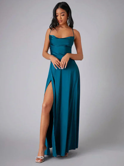 Women's Satin Evening Dress with Open Back and Slit - Elegant and Glamorous