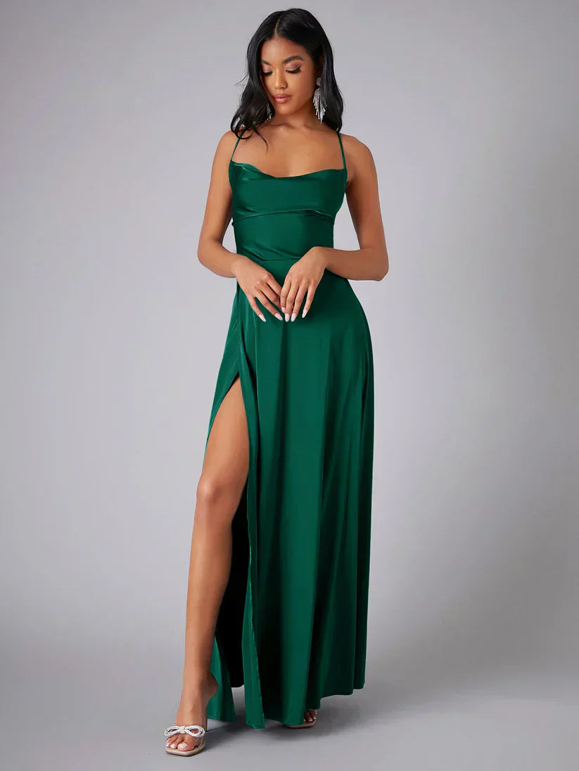 Women's Satin Evening Dress with Open Back and Slit - Elegant and Glamorous