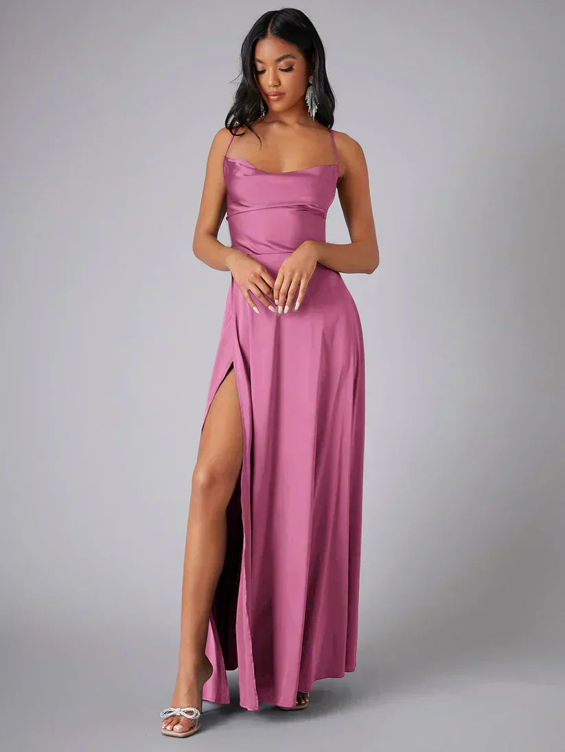 Women's Satin Evening Dress with Open Back and Slit - Elegant and Glamorous