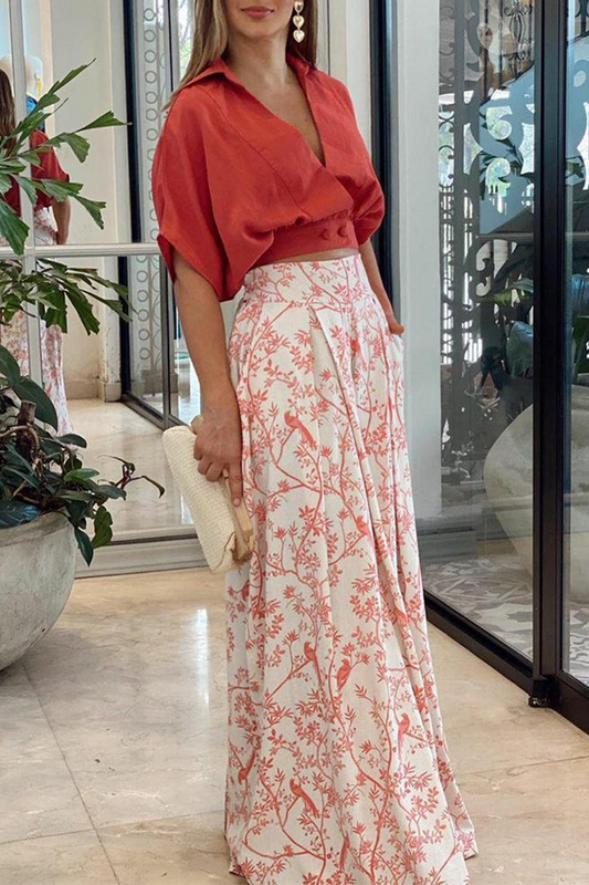 Floral Two-Piece Set for Women – Elegant Short Top and Wide Trousers