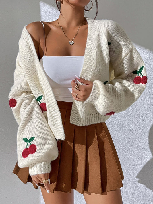 Cardigan Tricoté pour Femme Broderie Cerise – Manches Longues Décontracté