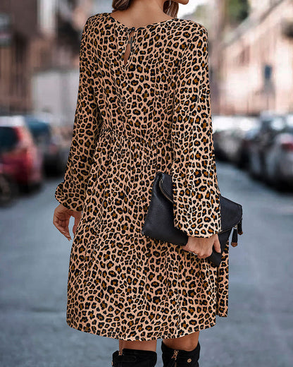 Robe Mini Élégante Femme à Imprimé Léopard – Manches Longues Coupe Ample