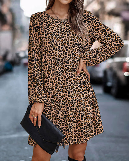 Robe Mini Élégante Femme à Imprimé Léopard – Manches Longues Coupe Ample