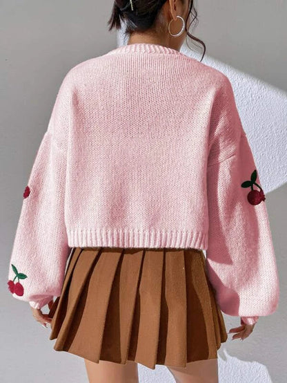 Cardigan Tricoté pour Femme Broderie Cerise – Manches Longues Décontracté