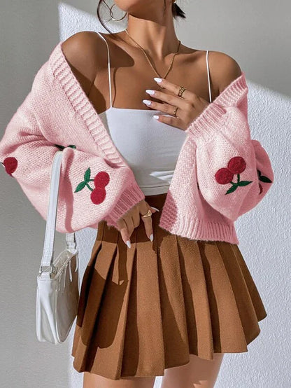 Cardigan Tricoté pour Femme Broderie Cerise – Manches Longues Décontracté