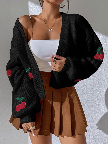 Cardigan Tricoté pour Femme Broderie Cerise – Manches Longues Décontracté