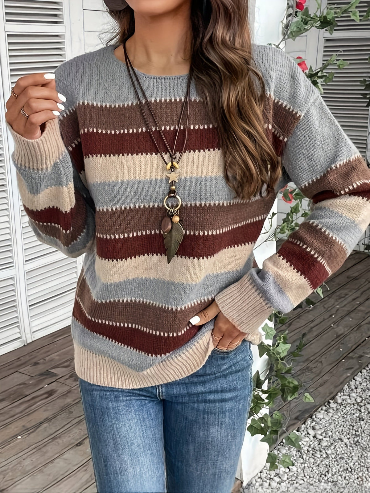 Maglione da donna a righe con girocollo - Morbido e confortevole