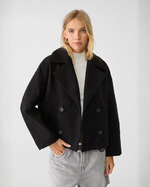 Manteau court femme croise en laine - Minimaliste et elegant