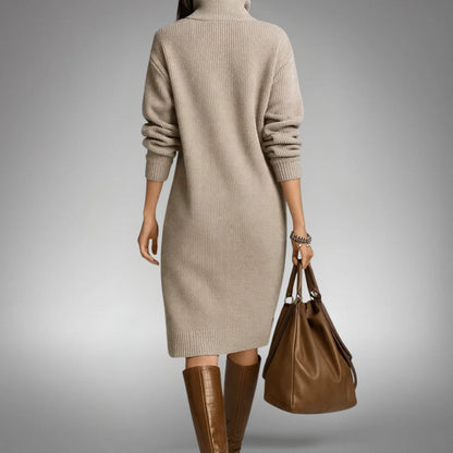 Robe Midi Tricotée Col Montant Détendue Femme – Robe Pull avec Poches