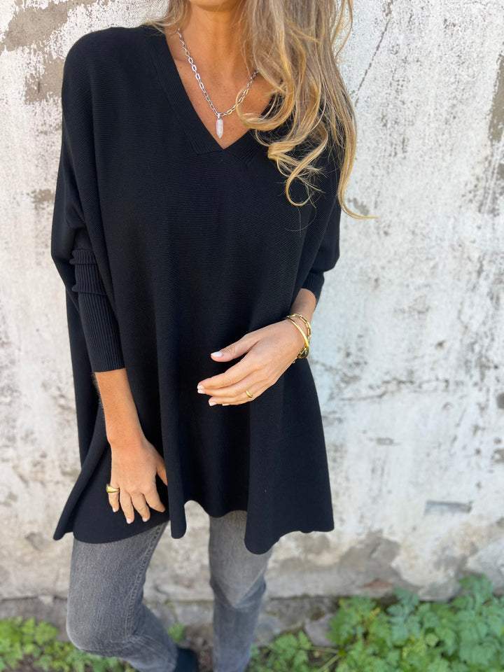 Pull Femme Oversize À Col V Tricoté en Noir