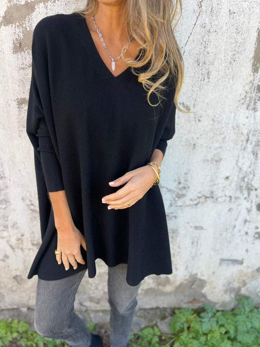 Pull Femme Oversize À Col V Tricoté en Noir