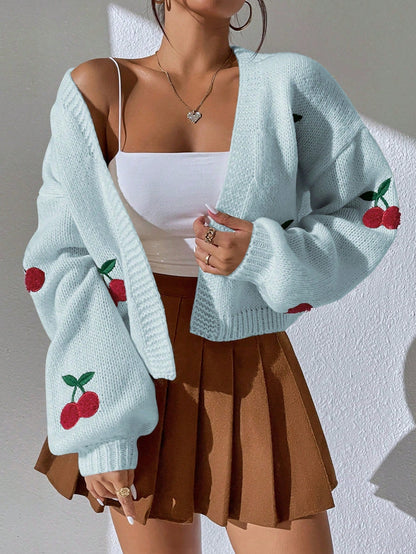 Cardigan Tricoté pour Femme Broderie Cerise – Manches Longues Décontracté