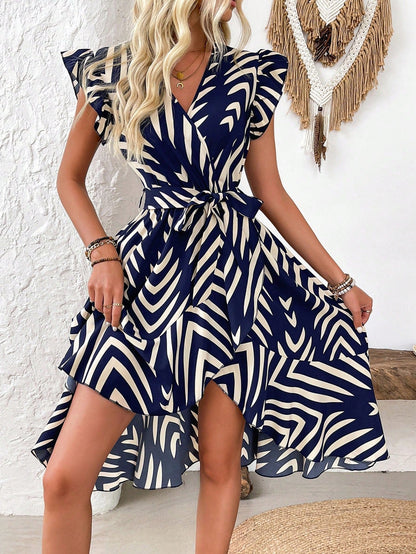 Robe portefeuille femme à motif et manches à volants