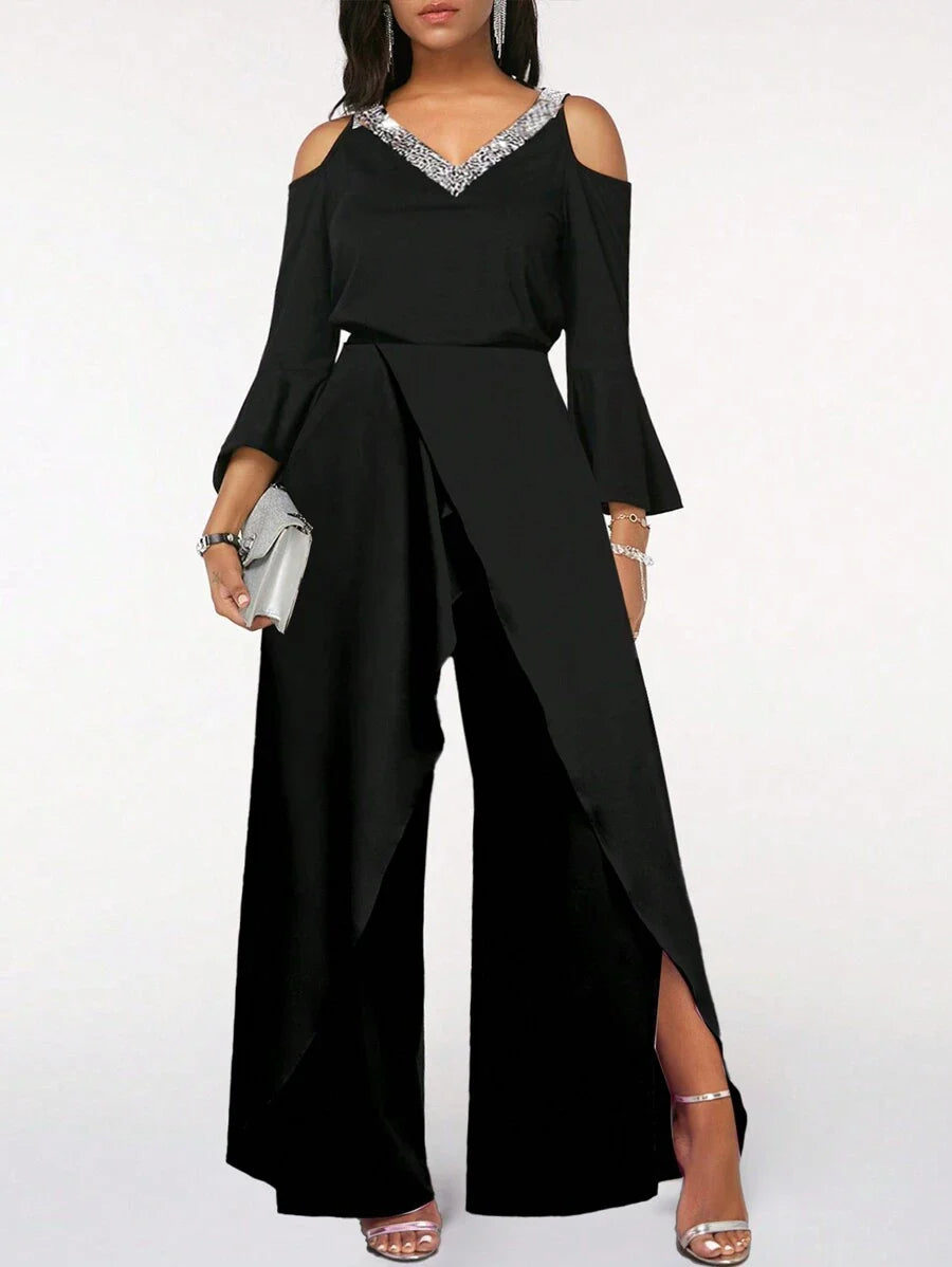 Combinaison Élégante Noire Femme – Col V avec Surpiqûres Contrastées