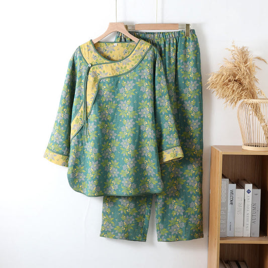 Pyjama Femme en Gaze de Coton à Motif Floral et Boutons Traditionnels – Ensemble 2 Pièces Léger, Respirant et Doux avec Fermeture Style Chinois