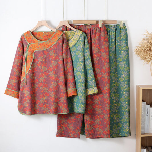 Pyjama Femme en Gaze de Coton à Motif Floral et Boutons Traditionnels – Ensemble 2 Pièces Léger, Respirant et Doux avec Fermeture Style Chinois