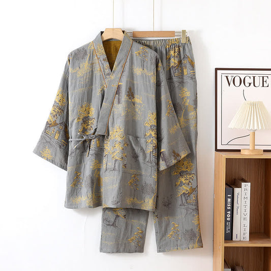 Pyjama Kimono Paysage Neutre Confort Élégant Homme – Ensemble 2 Pièces Léger et Respirant avec Motif Imprimé