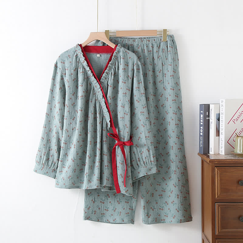 Pyjama Kimono Confort Femme en Gaze de Coton – Ensemble Léger 2 Pièces à Imprimé Rose Rurale, Doux et Respirant, Tenue de Nuit pour Toutes Saisons