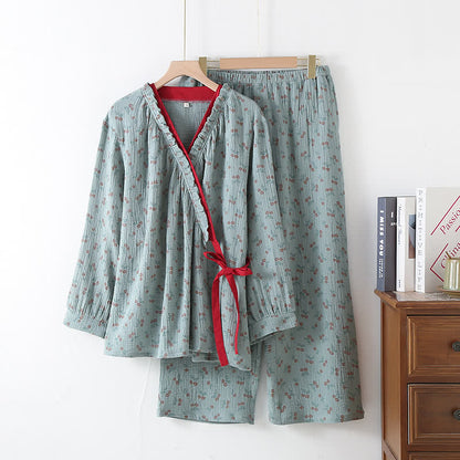 Pyjama Kimono Confort Femme en Gaze de Coton – Ensemble Léger 2 Pièces à Imprimé Rose Rurale, Doux et Respirant, Tenue de Nuit pour Toutes Saisons