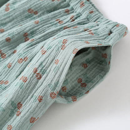 Pyjama Kimono Confort Femme en Gaze de Coton – Ensemble Léger 2 Pièces à Imprimé Rose Rurale, Doux et Respirant, Tenue de Nuit pour Toutes Saisons