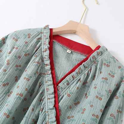 Pyjama Kimono Confort Femme en Gaze de Coton – Ensemble Léger 2 Pièces à Imprimé Rose Rurale, Doux et Respirant, Tenue de Nuit pour Toutes Saisons