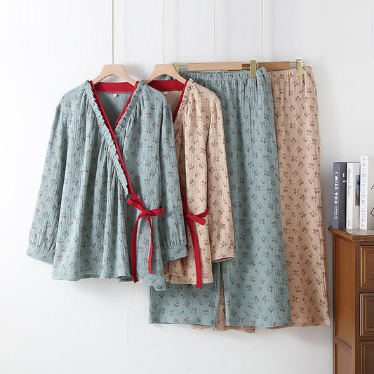 Pyjama Kimono Confort Femme en Gaze de Coton – Ensemble Léger 2 Pièces à Imprimé Rose Rurale, Doux et Respirant, Tenue de Nuit pour Toutes Saisons