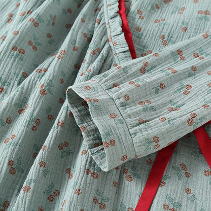 Pyjama Kimono Confort Femme en Gaze de Coton – Ensemble Léger 2 Pièces à Imprimé Rose Rurale, Doux et Respirant, Tenue de Nuit pour Toutes Saisons