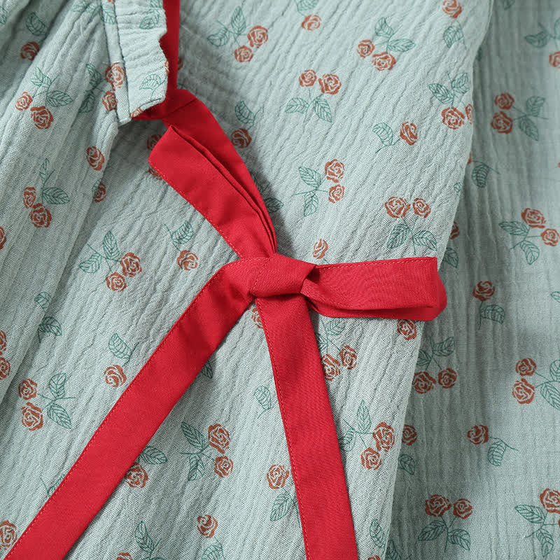 Pyjama Kimono Confort Femme en Gaze de Coton – Ensemble Léger 2 Pièces à Imprimé Rose Rurale, Doux et Respirant, Tenue de Nuit pour Toutes Saisons