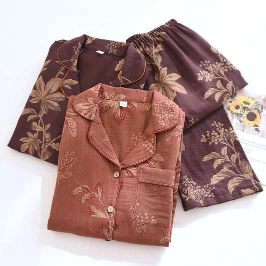 Pyjama Femme Confort Élégant Jacquard Coton Teint Fil Vintage – Ensemble 2 Pièces Doux Respirant à Col Revers pour Toutes Saisons