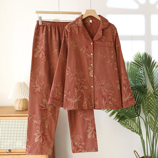 Pyjama Femme Confort Élégant Jacquard Coton Teint Fil Vintage – Ensemble 2 Pièces Doux Respirant à Col Revers pour Toutes Saisons