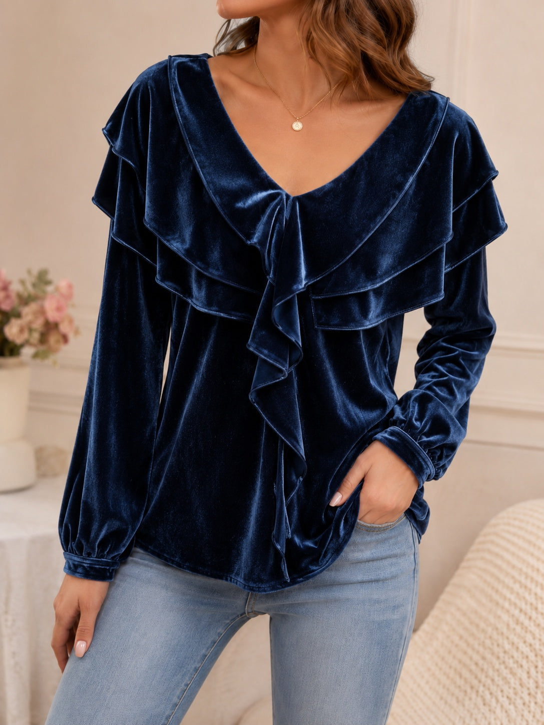 Women's Velvet Top with V-Neck and Ruffles – Elegant, Chic, Feminine Style