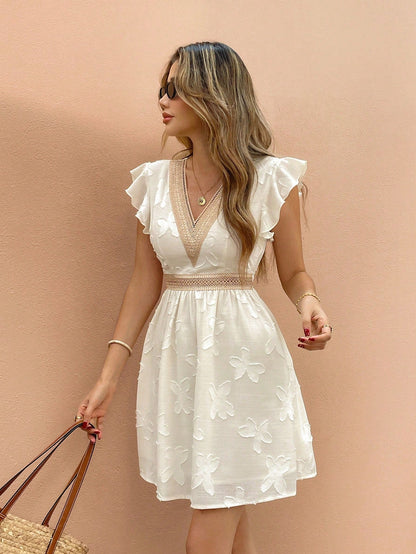 Robe Mini d’Été à Col V pour Femme – Manches Courtes Légères et Taille Élastique