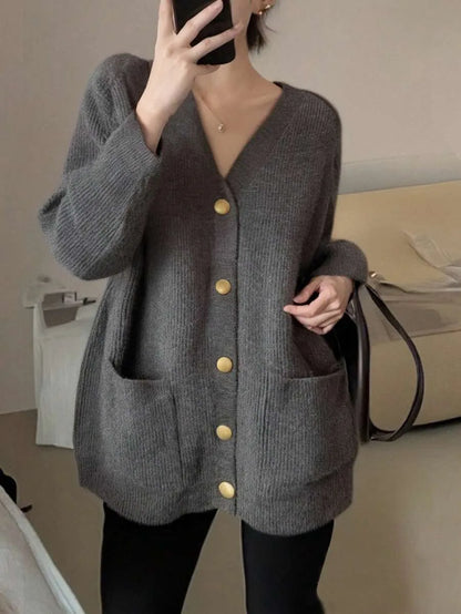 Cárdigan oversize de cuello de pico para mujer - Suave y desenfadado