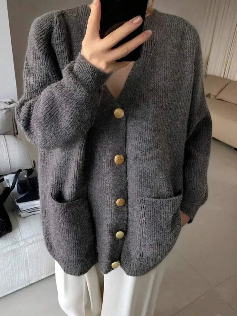 Cárdigan oversize de cuello de pico para mujer - Suave y desenfadado