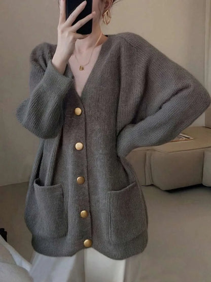 Cárdigan oversize de cuello de pico para mujer - Suave y desenfadado
