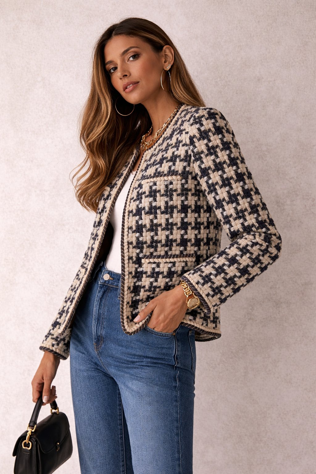 Veste Femme Tweed Yori Fashion – Style Classique Élégant à Motif
