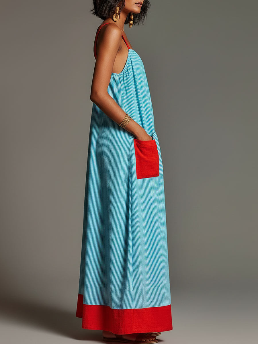 Robe maxi femme a bretelles fines rayee avec poches - Fluide et estivale