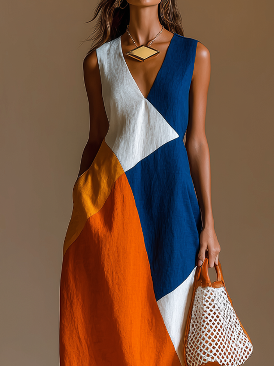 Robe maxi femme patchwork col V sans manches - Decontractee et legere