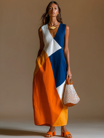 Robe maxi femme patchwork col V sans manches - Decontractee et legere