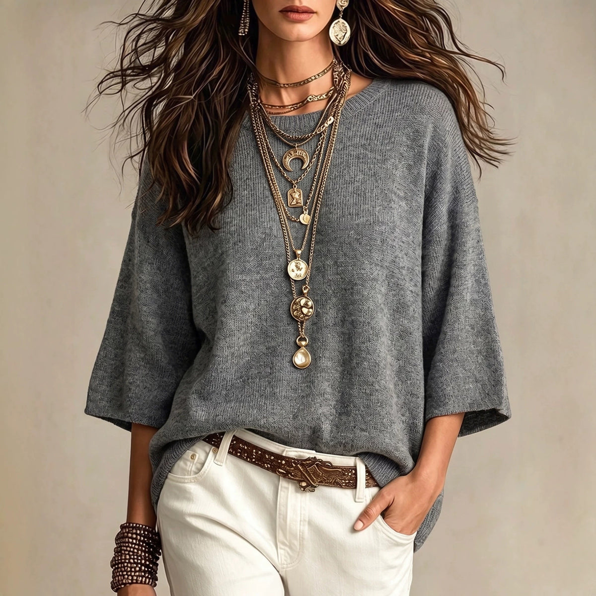 Jersey holgado de mujer - Con mangas anchas y cuello redondo
