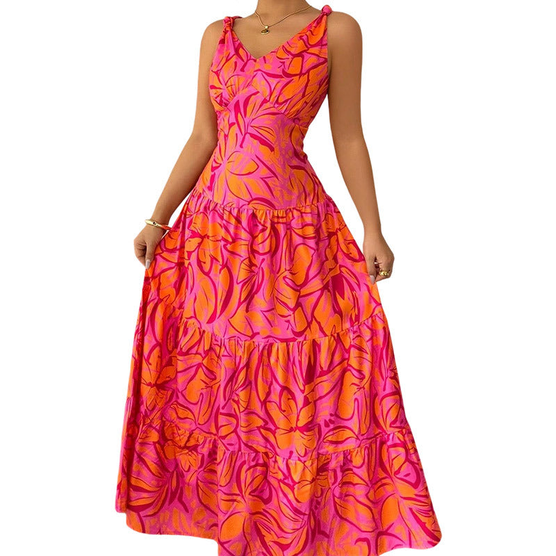 Robe longue d’été femme – Sans manches avec imprimé tropical