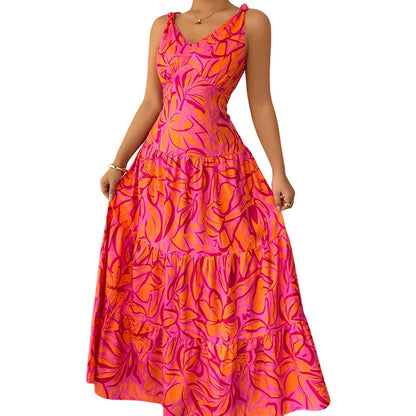 Robe longue d’été femme – Sans manches avec imprimé tropical